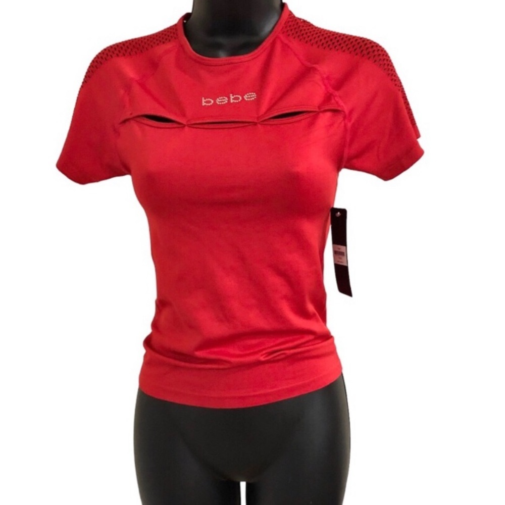 Bebe red rhinestone logo emblem cutout peek a boo mesh stretch scuba fit top szM